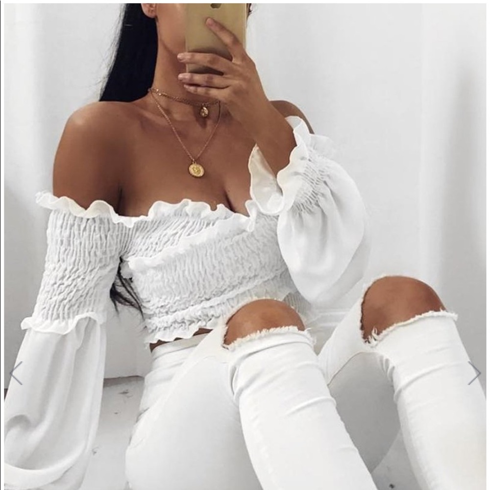 White Shirred Wrap Over Crop Top